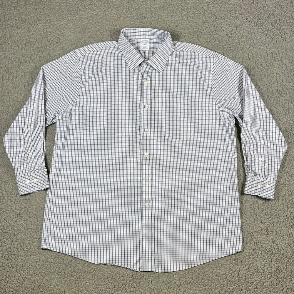 Brooks Brothers Button Down Men 17.5 32/33 Regular Non-Iron Plaid Blue Preppy